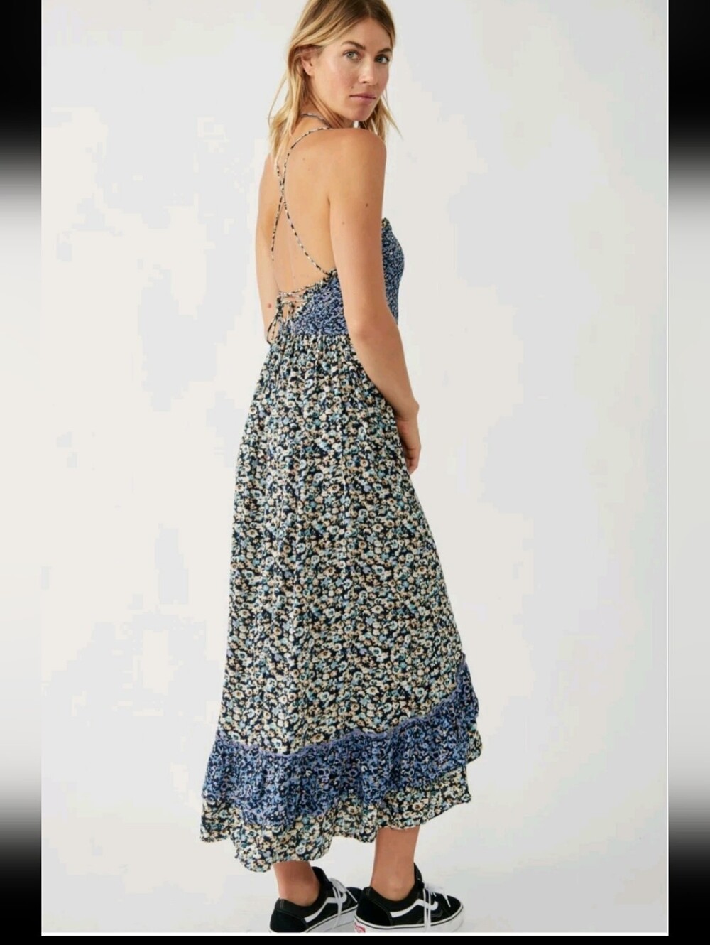 Free People Dress LARGE One I Love in Denim Combo Floral Midi Sundress Boho - Picture 6 of 9
